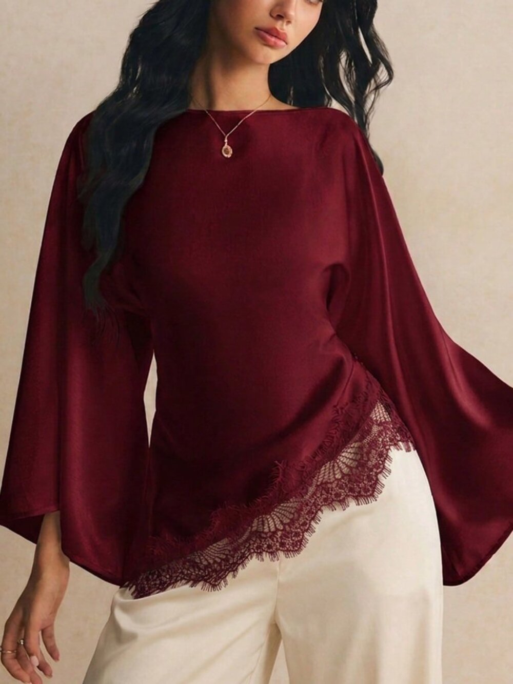 Burgundy Elegant Women's Loose Boat Neck Batwing Contrast Lace Top